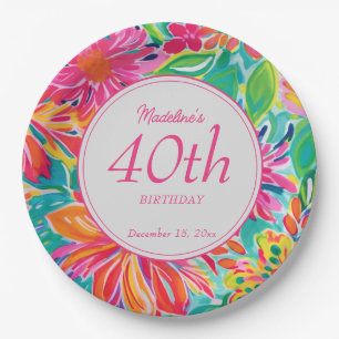Hot Pink Orange Watercolor Flowers 40th Birthday Paper Plates