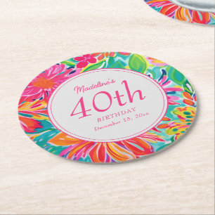 Hot Pink Orange Watercolor Flowers 40th Birthday Round Paper Coaster