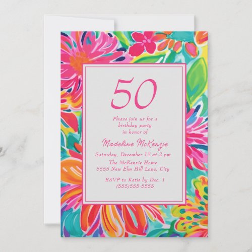 Hot Pink Orange Watercolor Flowers 50th Birthday Invitation