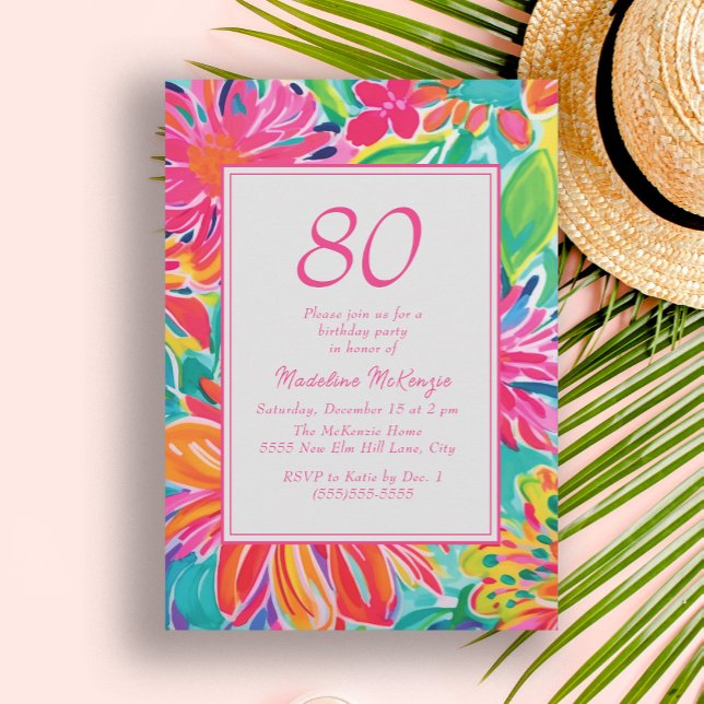 Hot Pink Orange Watercolor Flowers 80th Birthday Invitation (Hot pink and orange tropical leaves 80th birthday party invitation. 

)