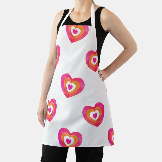 Hot Pink Orange Watercolor Heart Pattern Apron (Insitu)