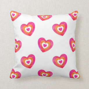 Hot  Pink Orange Watercolor Heart Pattern  Throw Pillow