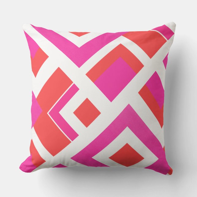 Hot Pink Orange White Geometric Block Outdoor Pillow (Front)
