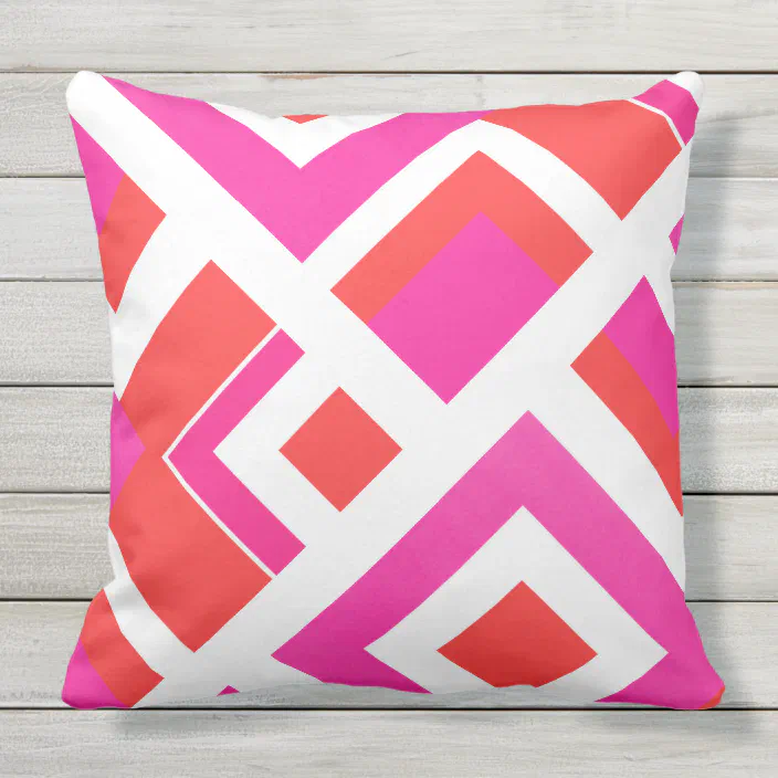Hot Pink Orange White Geometric Block, Hot Pink Outdoor Cushions