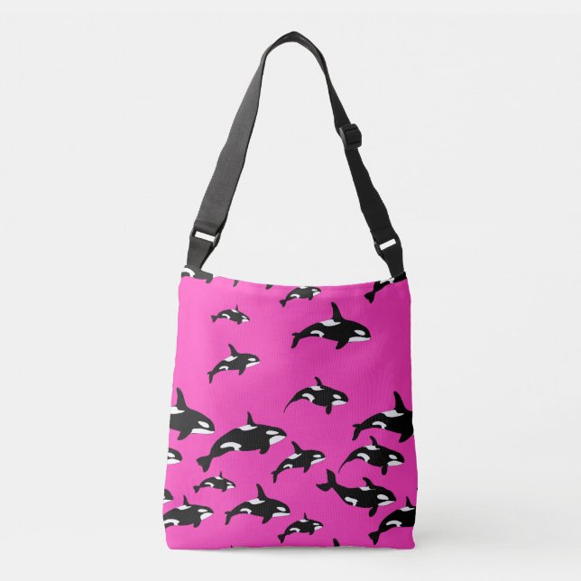 Hot Pink Orca Whale Patterned Ocean Theme Crossbody Bag (Front)