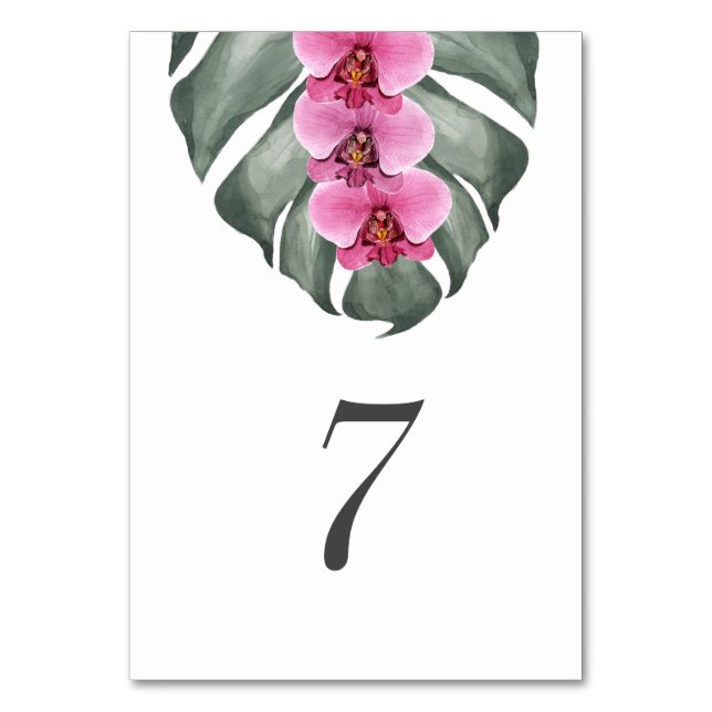 Hot Pink Orchid on Monstera Tropical Wedding Table Number (Front)
