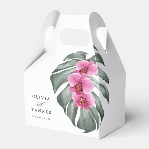 Hot Pink Orchids and Monstera Leaf Tropical Floral Favor Boxes