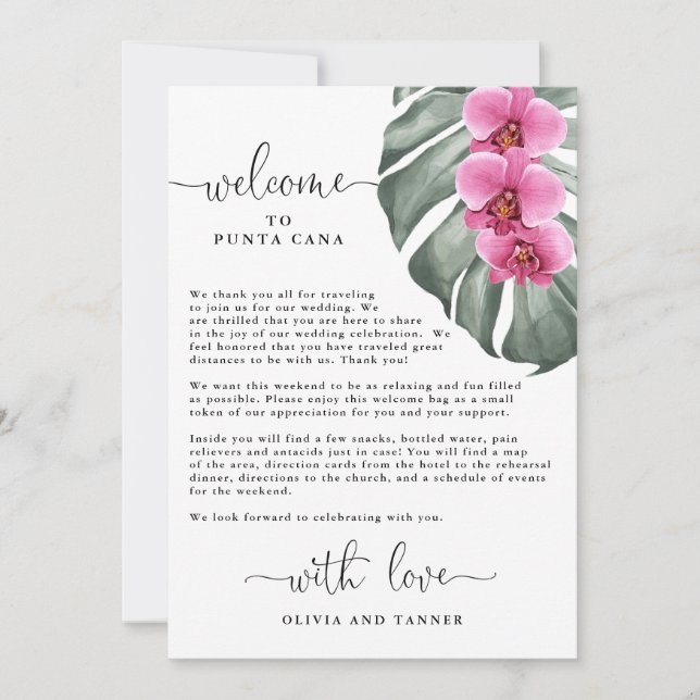 Hot Pink Orchids and Monstera Tropical Welcome  Invitation (Front)