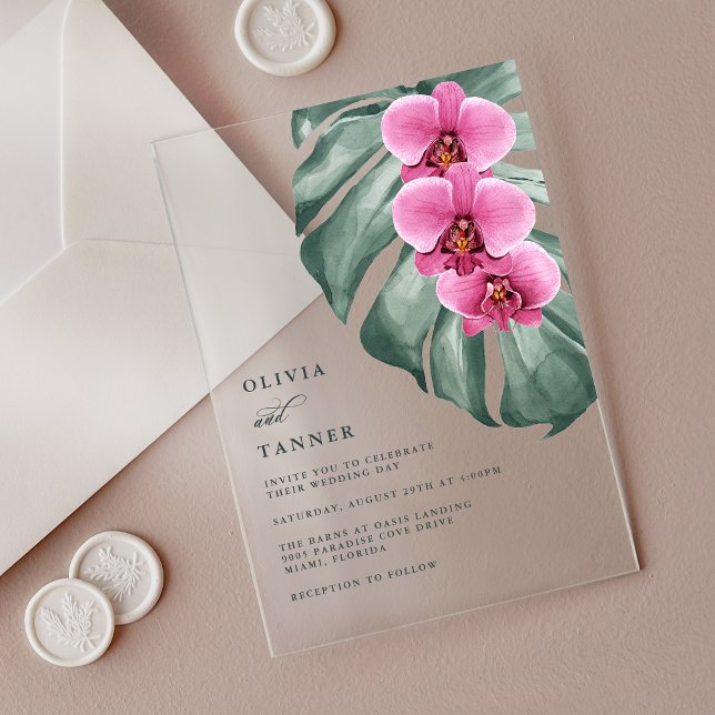 Hot Pink Orchids Monstera Tropical Floral Wedding Acrylic Invitations (Creator Uploaded)