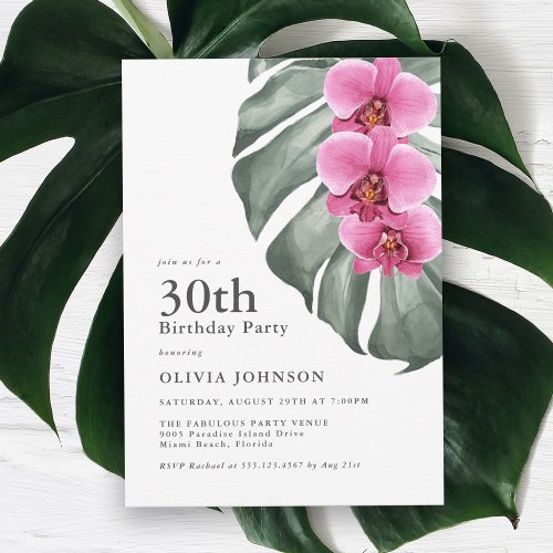 Hot Pink Orchids on Monstera 30th Birthday Party Invitation
