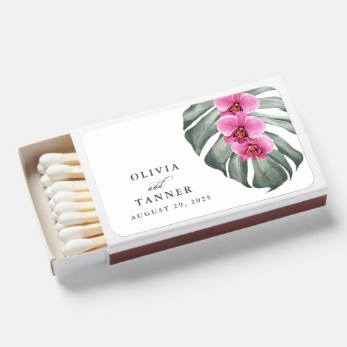 Hot Pink Orchids on Monstera Leaf Wedding Matchboxes