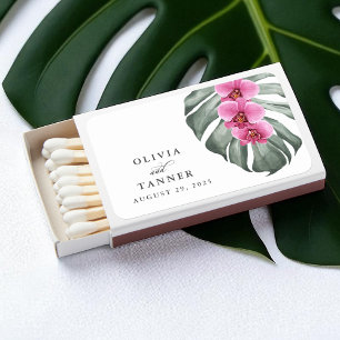 Hot Pink Orchids on Monstera Leaf Wedding Matchboxes
