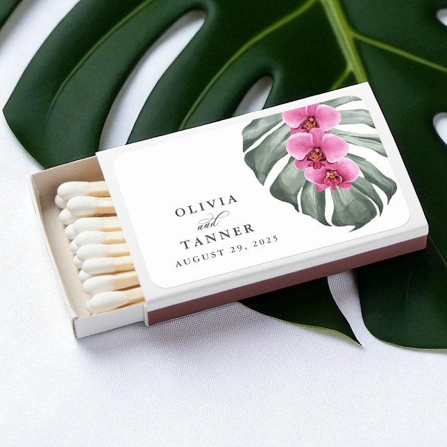 Hot Pink Orchids on Monstera Leaf Wedding Matchboxes (Creator Uploaded)