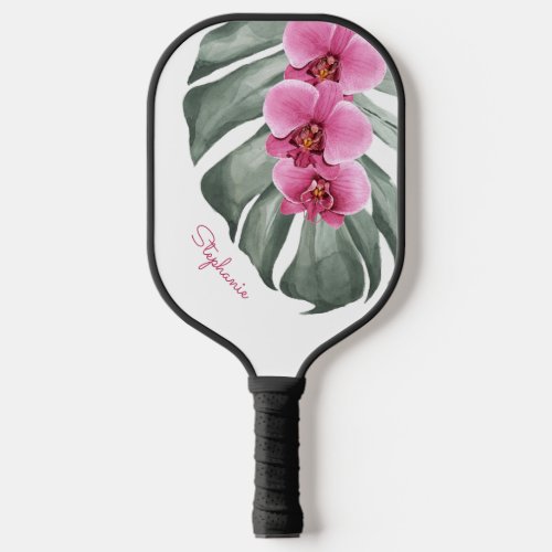 Hot Pink Orchids on Monstera Leaf with Name Pickleball Paddle