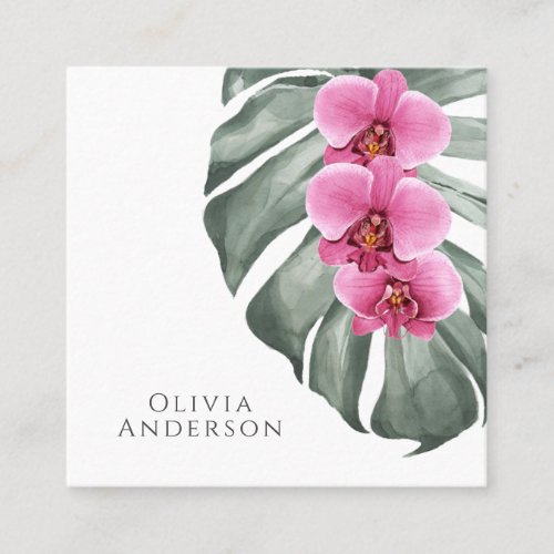 Hot Pink Orchids on Monstera Tropical Botanical Square Business Card