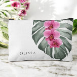 Hot Pink Orchids on Monstera Tropical Floral  Accessory Pouch<br><div class="desc">In lovely island style, this tropical themed cosmetic bag features vibrant hot pink - fuchsia orchids and a beautiful Monstera leaf in painted watercolors. This floral design is both simple and elegant with a minimalist look energized by the tropical botanical elements. Personalize with your name or other desired text. This...</div>