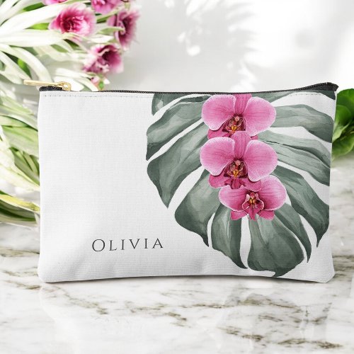 Hot Pink Orchids on Monstera Tropical Floral  Accessory Pouch