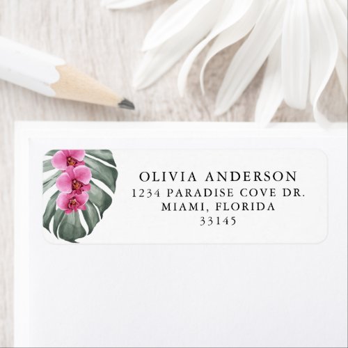 Hot Pink Orchids on Monstera Tropical Floral Label