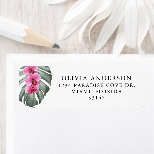 Hot Pink Orchids on Monstera Tropical Floral Label (Insitu)