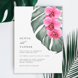 Hot Pink Orchids on Monstera Tropical Wedding Invitation