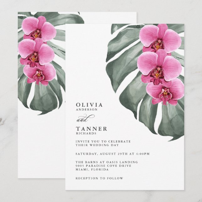Hot Pink Orchids on Monstera Tropical Wedding Invitation (Front/Back)