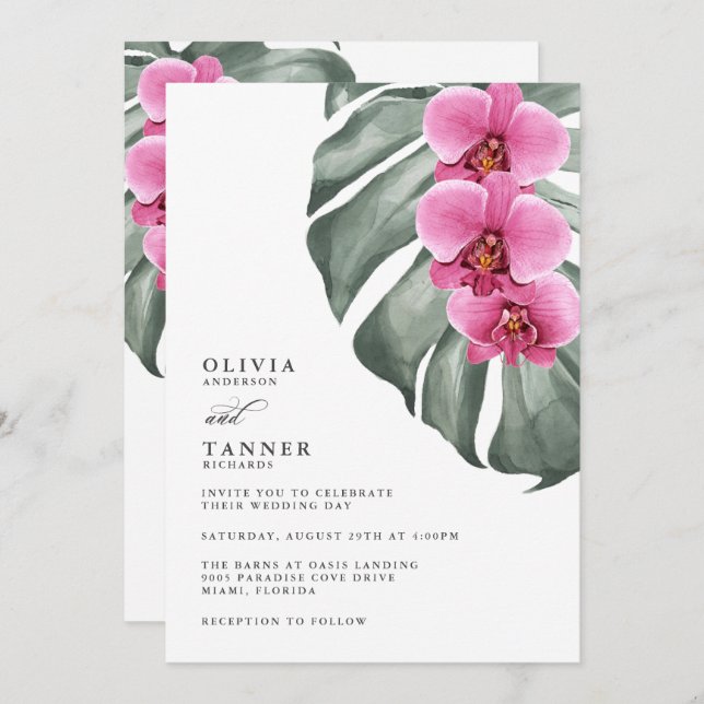 Hot Pink Orchids on Monstera Tropical Wedding Invitation (Front/Back)
