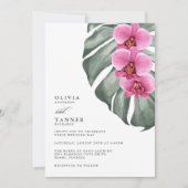 Hot Pink Orchids on Monstera Tropical Wedding Invitation (Front)
