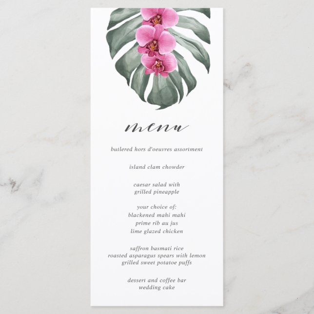 Hot Pink Orchids on Monstera Tropical Wedding Menu (Front)