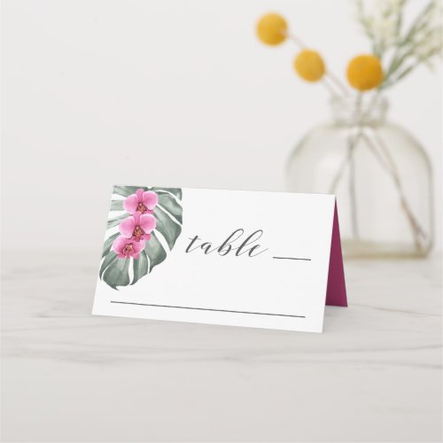 Hot Pink Orchids on Monstera Tropical Wedding Place Card