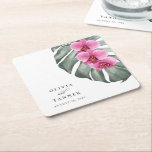Hot Pink Orchids on Monstera Tropical Wedding Square Paper Coaster<br><div class="desc">Bring your tropical wedding vision to life with this uniquely beautiful watercolor floral wedding coasters. This custom design features a trio of hot pink - fuchsia orchids and a beautiful monstera leaf in soft watercolors. The design is both simple and elegant with a minimalist look energized by the tropical botanical...</div>