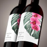 Hot Pink Orchids on Monstera Tropical Wedding Wine Label
