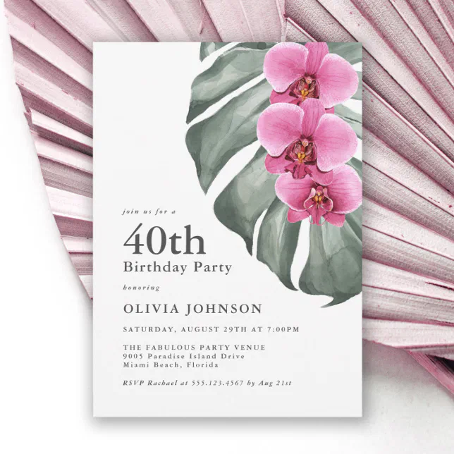 Hot Pink Orchids Tropical 40th Birthday Party Invitation | Zazzle