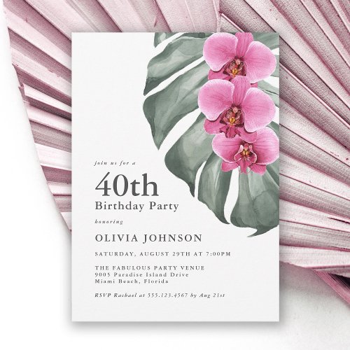 Hot Pink Orchids Tropical 40th Birthday Party Invitation