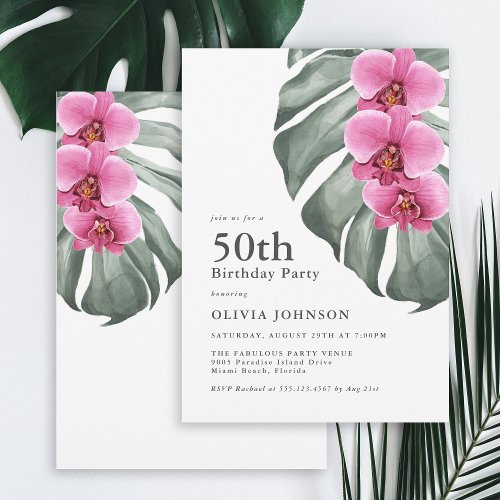Hot Pink Orchids Tropical 50th Birthday Party Invitation