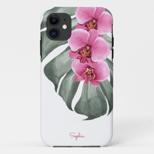 Hot Pink Orchids Tropical Floral with Your Name iPhone 11 Case