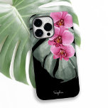Hot Pink Orchids Tropical Floral with Your Name Case-Mate iPhone 14 Pro Max Case<br><div class="desc">This unique tropical theme design has a modern beach vibe. It features a trio of hot pink - fuchsia orchids and a beautiful monstera leaf in soft watercolors over a stylish black background. The design is both simple and elegant with a trendy look energized by the tropical botanical elements. Personalize...</div>