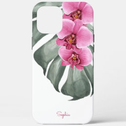 Hot Pink Orchids Tropical Floral with Your Name iPhone 12 Pro Max Case