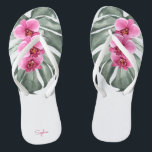 Hot Pink Orchids Tropical Floral with Your Name Flip Flops<br><div class="desc">Make a feminine fashion statement in this lush tropical design featuring hot pink - fuchsia orchids and a beautiful Monstera leaf in vibrant watercolors. The design is both simple and elegant with a trendy look energized by the tropical botanical elements. Personalize the text template on the left flipflop with your...</div>