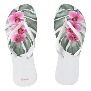 Hot Pink Orchids Tropical Floral with Your Name Flip Flops