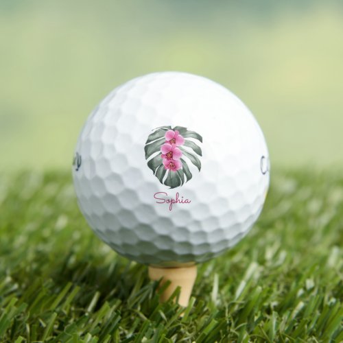 Hot Pink Orchids Tropical Floral with Your Name Golf Balls