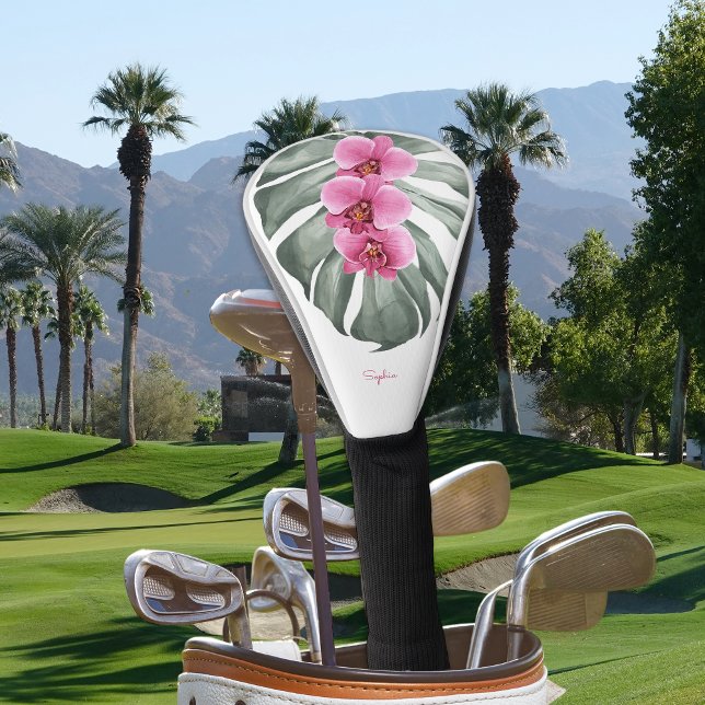 Hot Pink Orchids Tropical Floral with Your Name Golf Head Cover (Creator Uploaded)