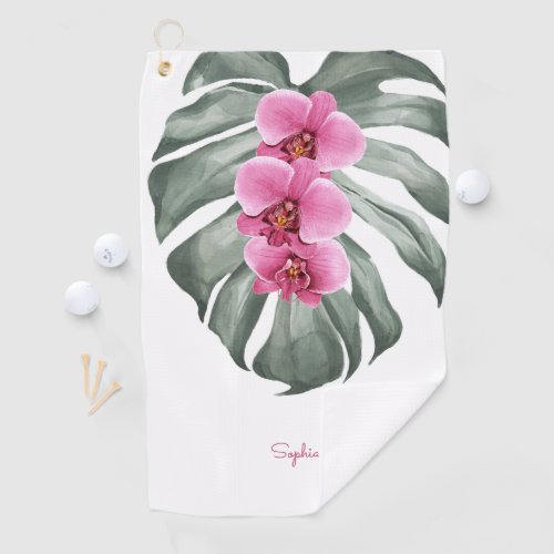 Hot Pink Orchids Tropical Floral with Your Name Golf Towel