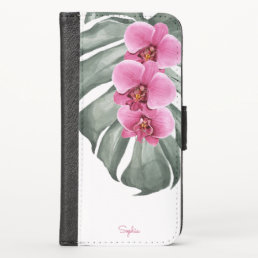 Hot Pink Orchids Tropical Floral with Your Name iPhone X Wallet Case