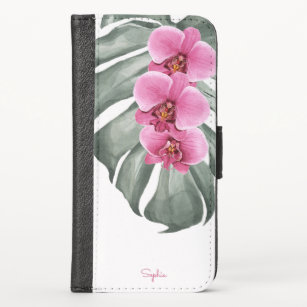 Hot Pink Orchids Tropical Floral with Your Name iPhone X Wallet Case