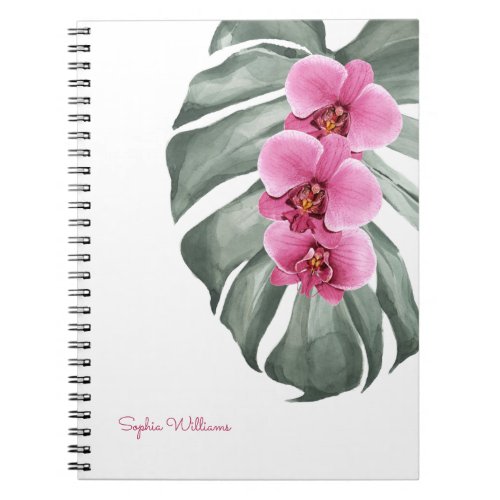 Hot Pink Orchids Tropical Floral with Your Name Notebook