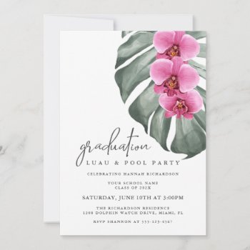 Hot Pink Orchids Tropical Graduation Pool Party Invitation by Oasis_Landing at Zazzle