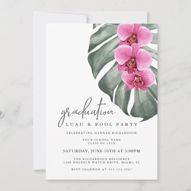 Hot Pink Orchids Tropical Graduation Pool Party Invitation (Front)