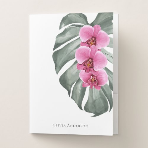 Hot Pink Orchids Tropical Watercolor Floral Pocket Folder
