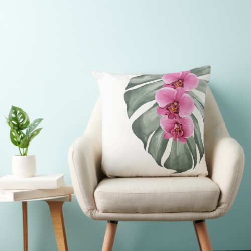 Hot Pink Orchids Tropical Watercolor Floral  Throw Pillow