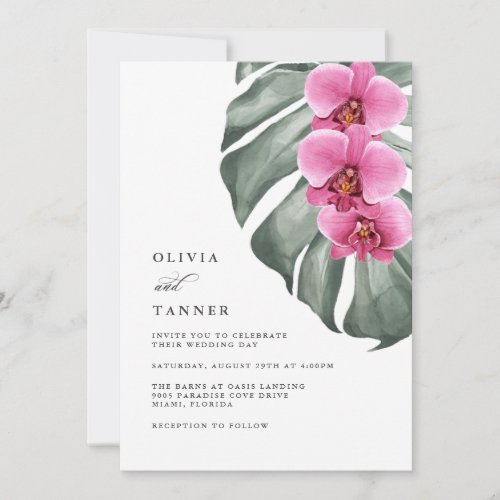 Hot Pink Orchids Tropical Wedding QR code Invitation